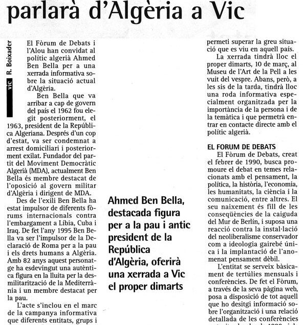 Ahmed Ben Bella parlarà d'Algèria a Vic, La Marxa, 6-III-1998)